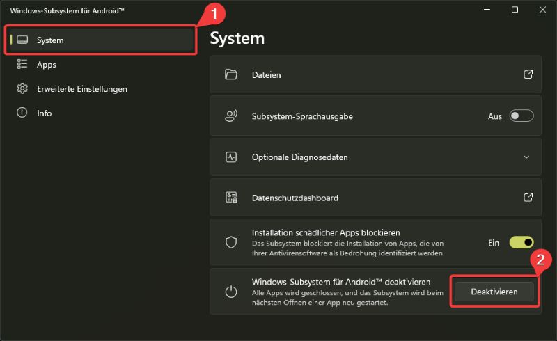 WSA settings restart